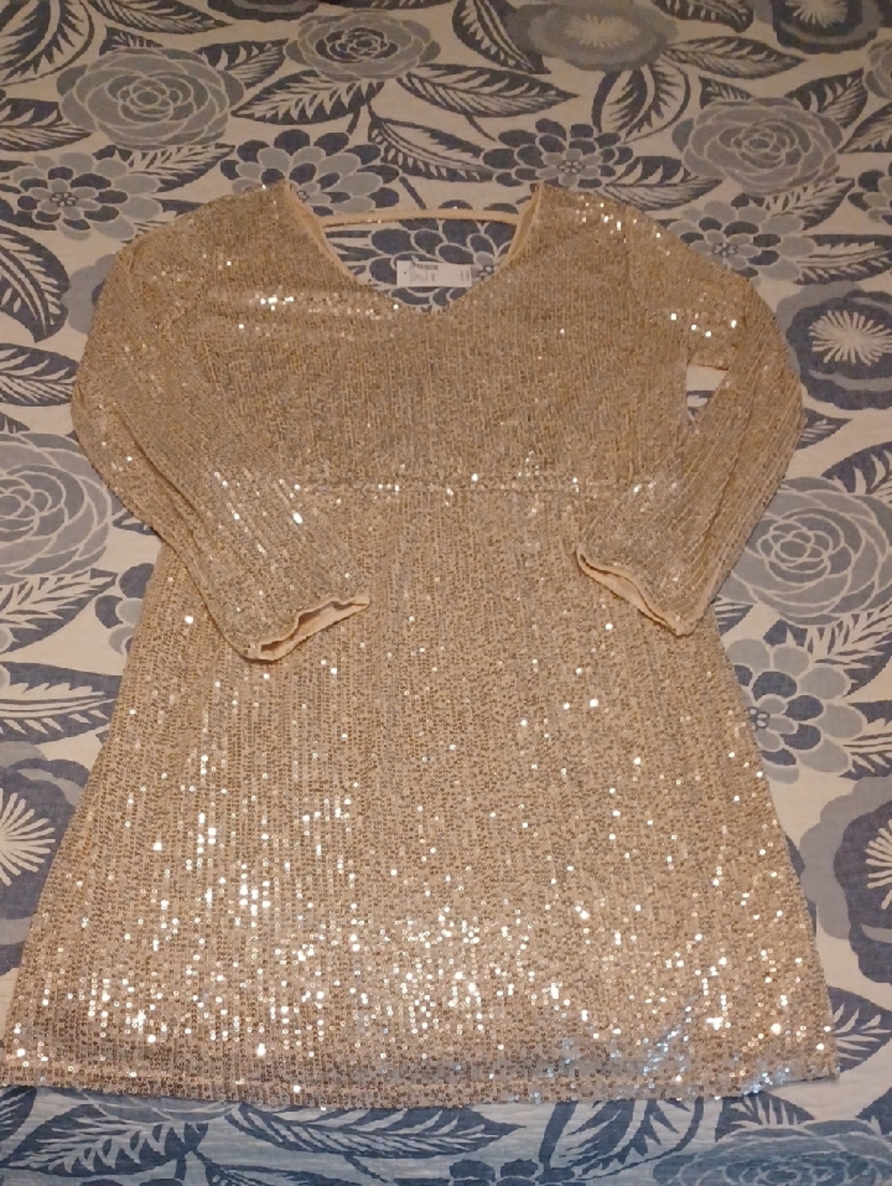 NWT Maurices Champagne Sequin Evening Dress Size Large Midi Length Long Sleeve